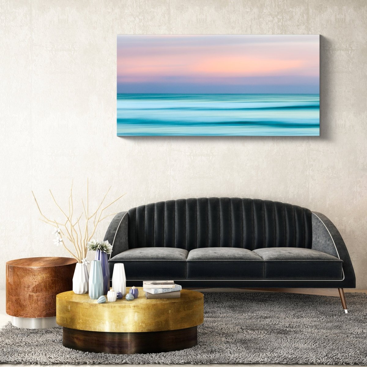 Blurred Lines abstract ocean canvas print from Miami, Gold Coast, shown in a contemporary coastal living room with soft décor.