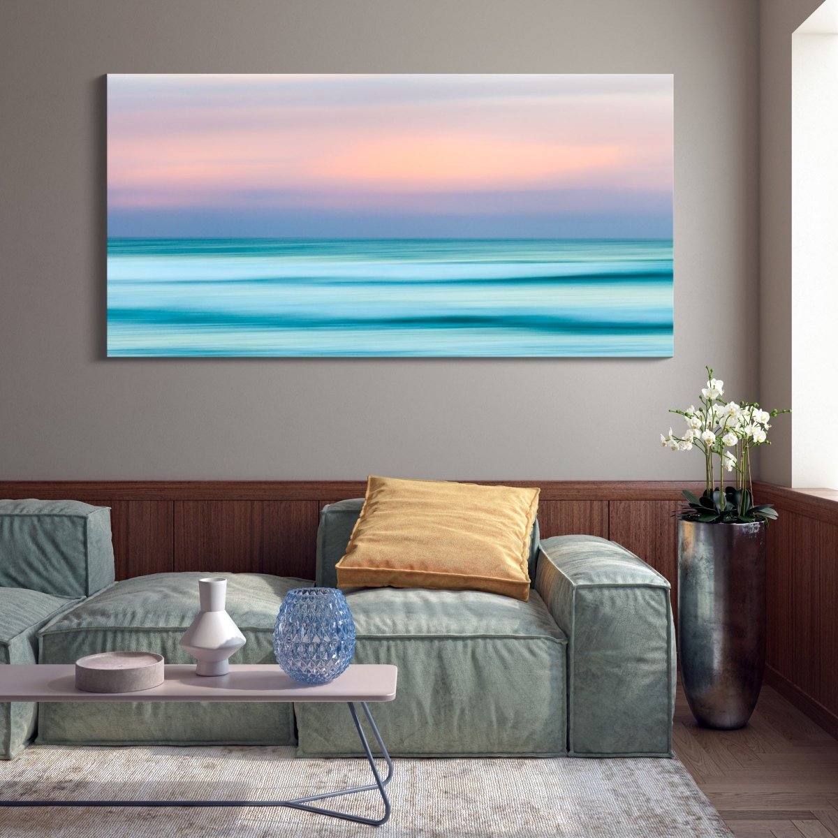 Blurred Lines abstract ocean canvas print from Miami, Gold Coast, shown in a contemporary coastal living room with soft décor.