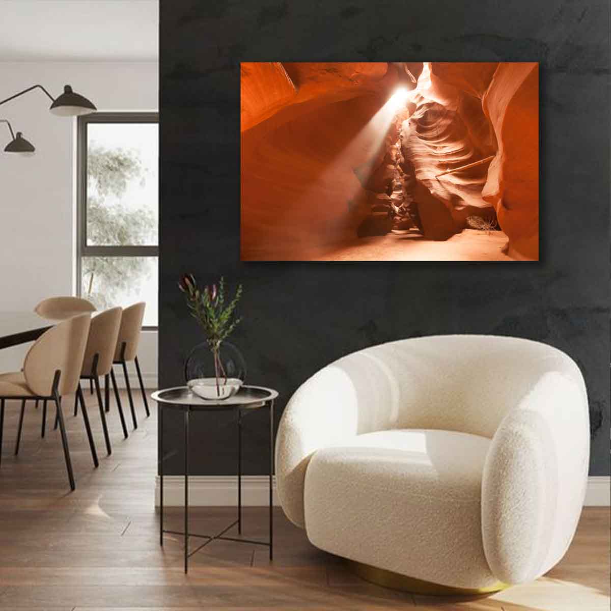 Desert landscape fine art print of sunlight filtering through Antelope Canyon, displayed in a modern living room with earthy tones.