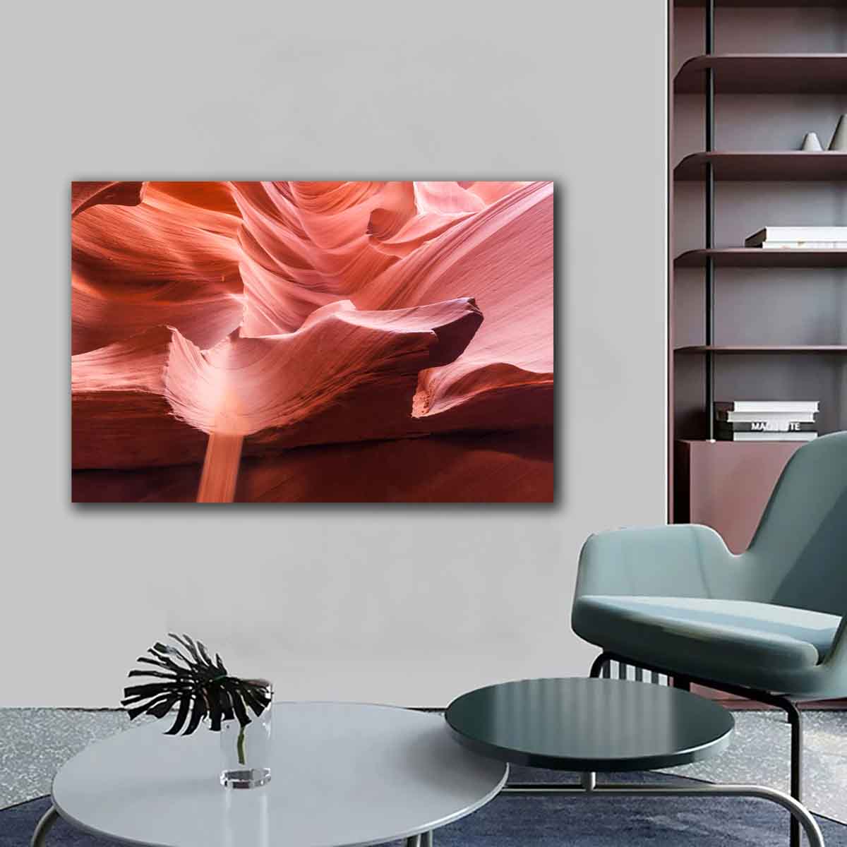 Framed Antelope Canyon wall art displayed in a minimalist living room with warm tones