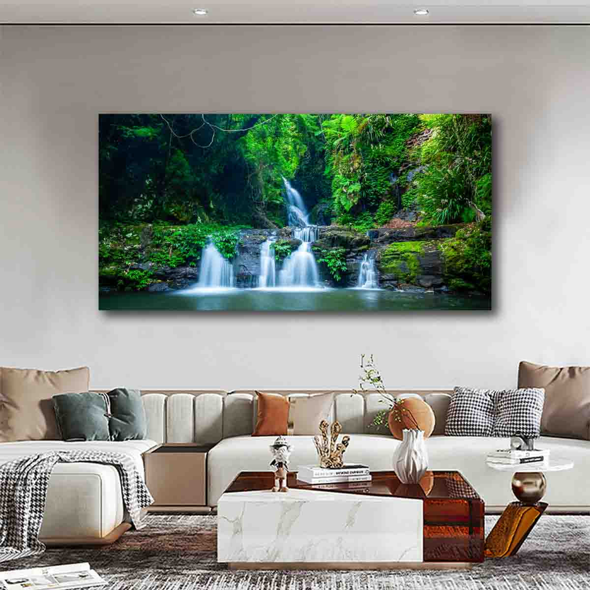 Rainforest waterfall cascading over mossy rocks at Box Log Falls, Lamington National Park — lush green foliage and soft water captured in fine art detail wall art canvas in modern livingroom.