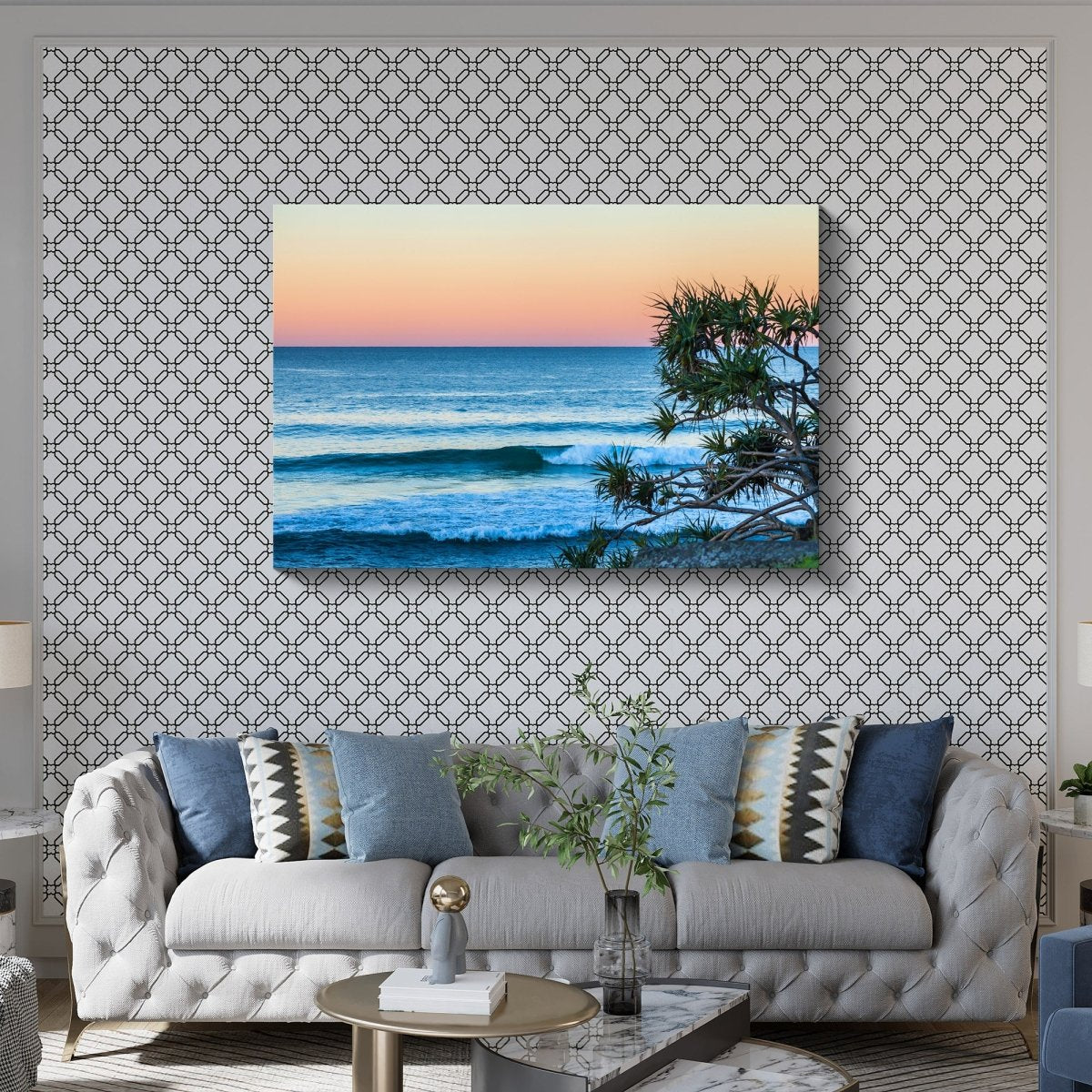 Burleigh Heads beach sunrise canvas print hanging on a modern interior wall, featuring soft pastel skies and ocean tones in a coastal-themed room.