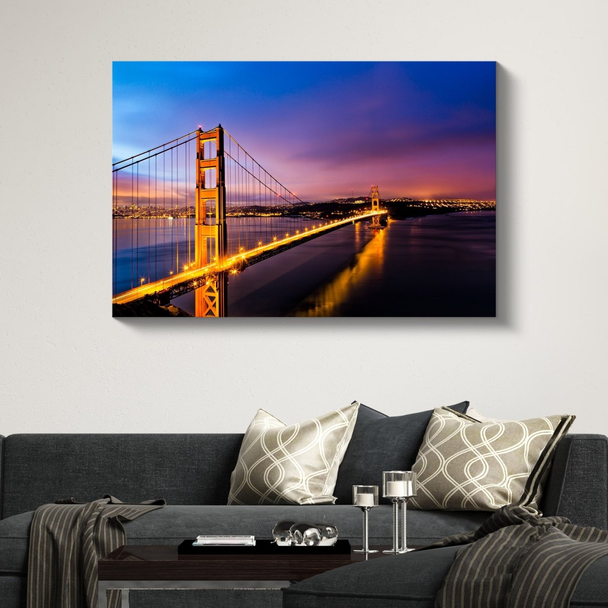 Golden Gate Sunrise San Francisco landscape art print displayed in a modern coastal living room, showcasing the iconic bridge and bay at dawn.