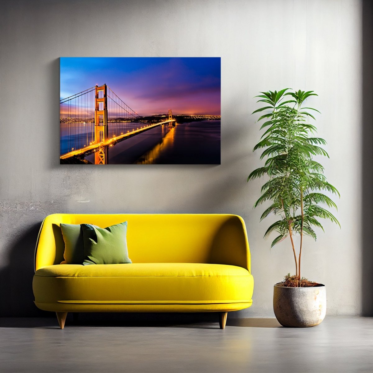 Golden Gate Sunrise San Francisco landscape art print displayed in a modern coastal living room, showcasing the iconic bridge and bay at dawn.