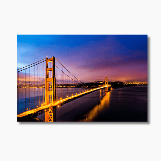 Golden Gate Bridge at sunrise, San Francisco landscape photography capturing soft golden light over the bay—coastal fine art print.