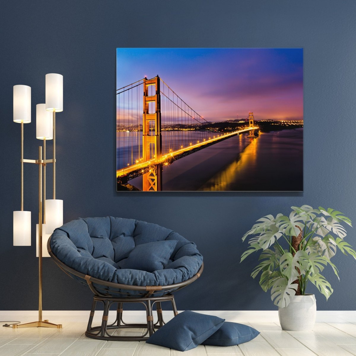 Golden Gate Sunrise San Francisco landscape art print displayed in a modern coastal living room, showcasing the iconic bridge and bay at dawn.