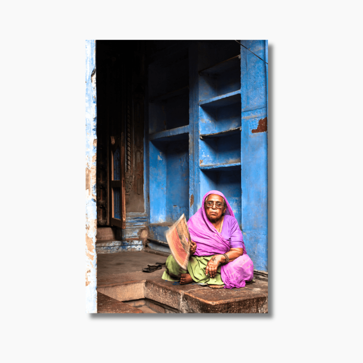 Jodhpur blue city architecture with historic archways and painted stone walls—travel fine art photography print from Rajasthan, India.