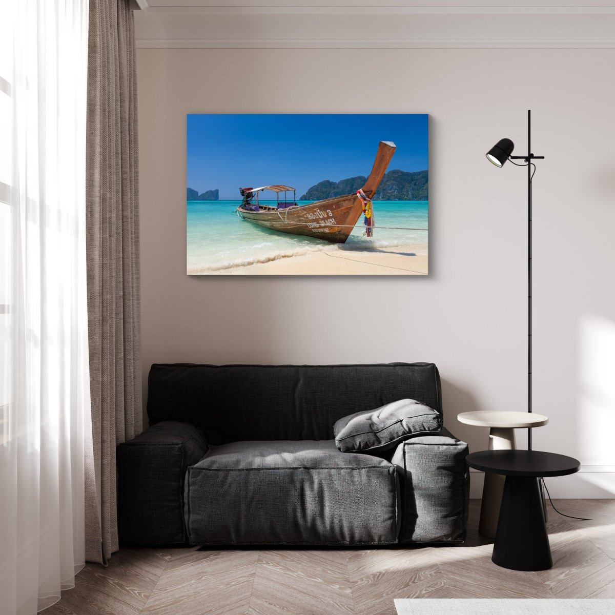 Island Solace wall art print from Koh Phi Phi, Thailand, displayed in a minimalist modern interior with coastal tones.