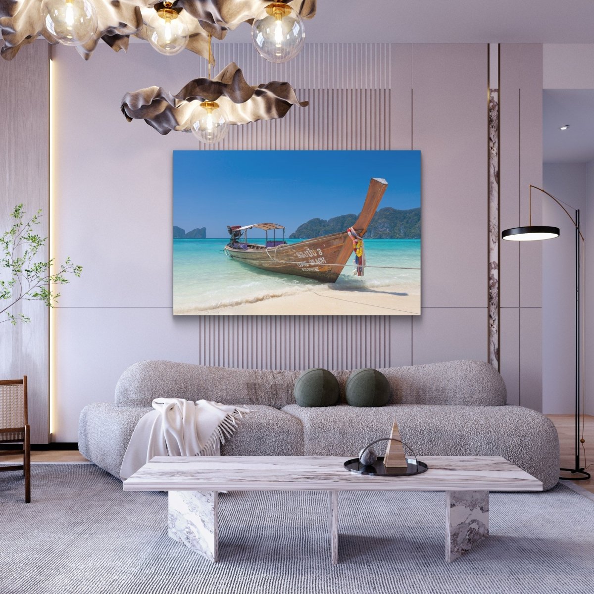 Island Solace wall art print from Koh Phi Phi, Thailand, displayed in a minimalist modern interior with coastal tones.