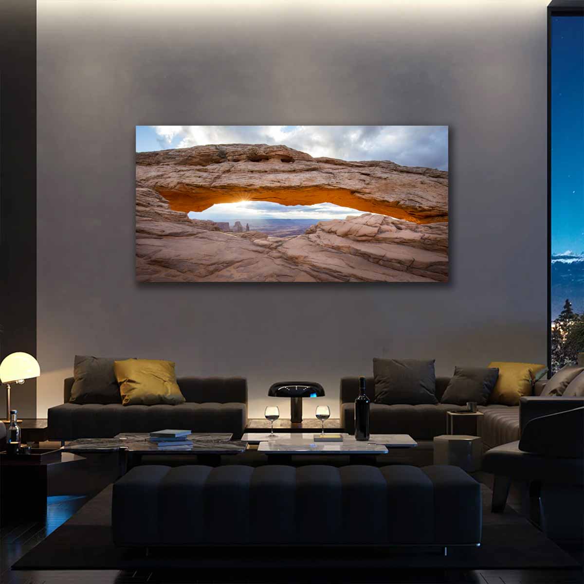 Mesa Arch sunrise canvas wall art displayed in modern living room with natural light.