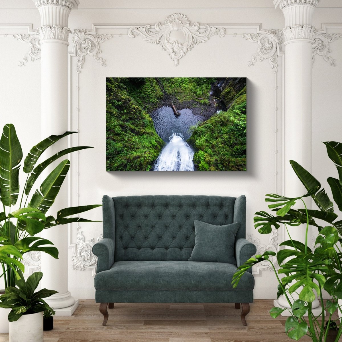 Limited edition Multnomah Falls bridge view wall art in a serene living room with natural wood decor.