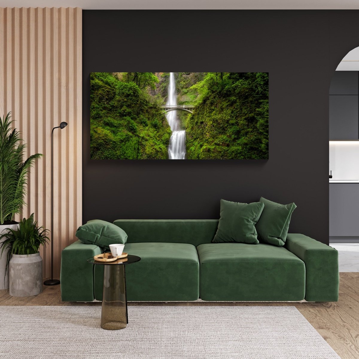 Limited edition waterfall wall art print of Multnomah Falls in a minimalist living room with neutral tones.
