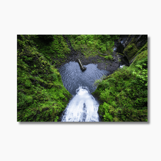 View from the bridge at Multnomah Falls, Oregon—vertical waterfall wall art print with lush green forest.