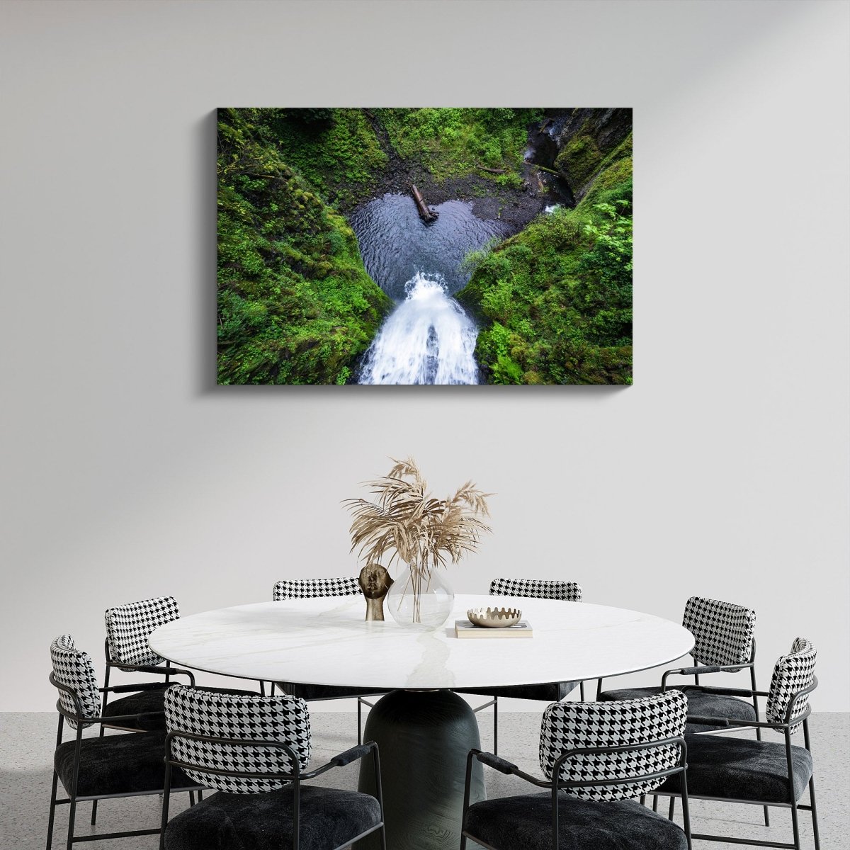 Limited edition Multnomah Falls bridge view wall art in a serene living room with natural wood decor.