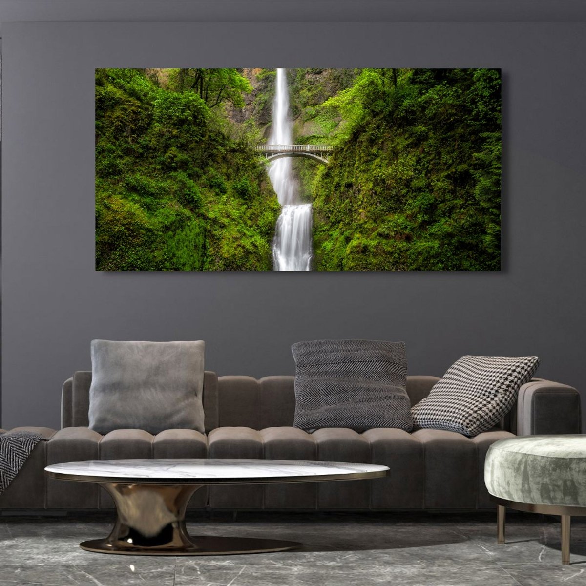 Limited edition waterfall wall art print of Multnomah Falls in a minimalist living room with neutral tones.