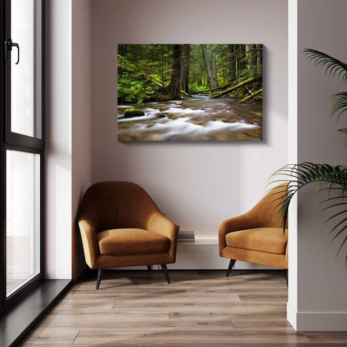 Fine art waterfall print of Panther Creek Falls displayed in a cozy interior with natural textures.