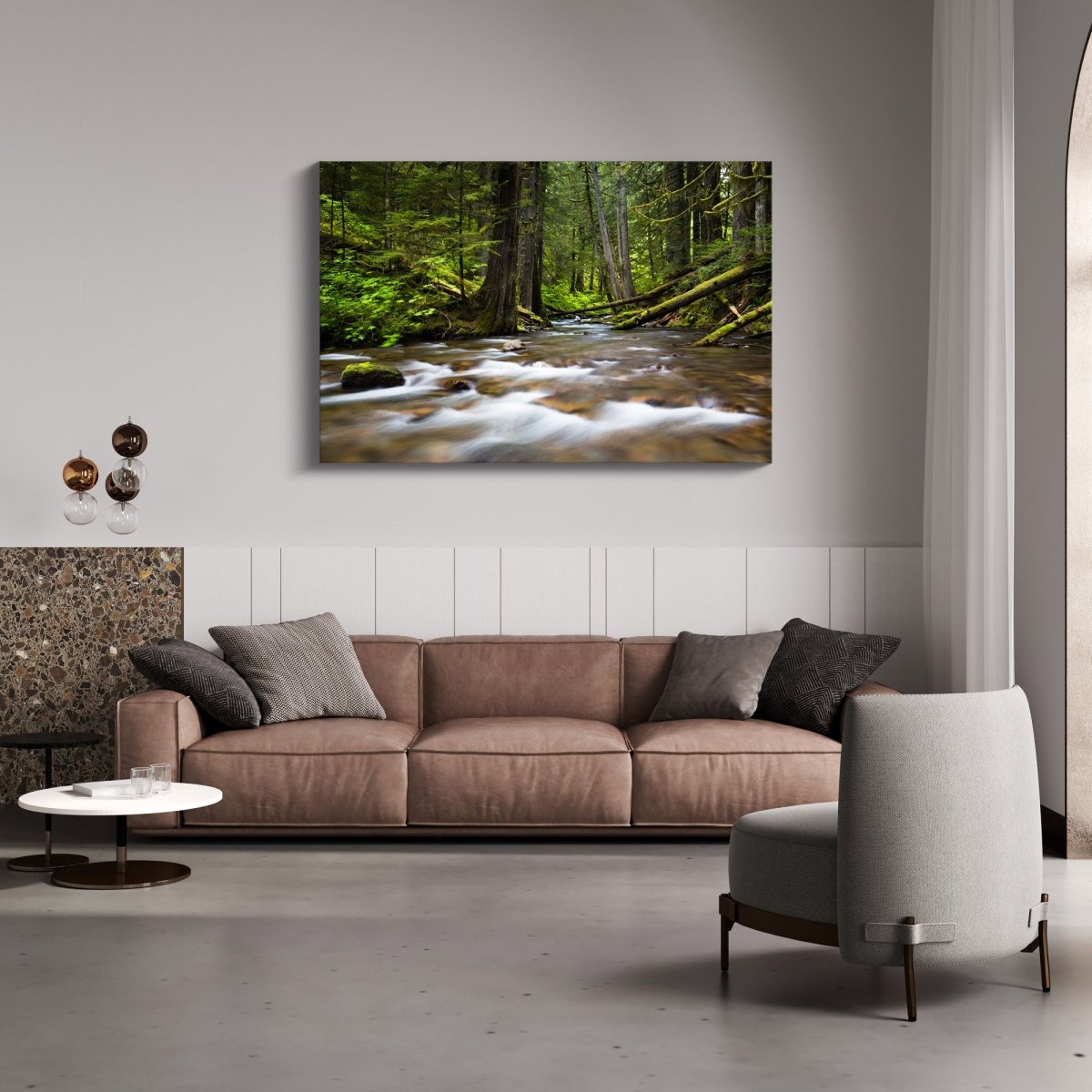 Fine art waterfall print of Panther Creek Falls displayed in a cozy interior with natural textures.