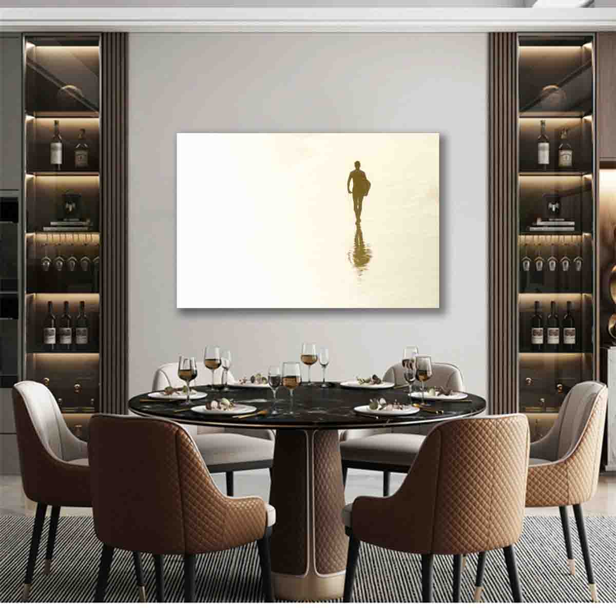 Beach-inspired fine art print of a surfer’s reflection at sunset on wet sand, displayed in a modern coastal living room.