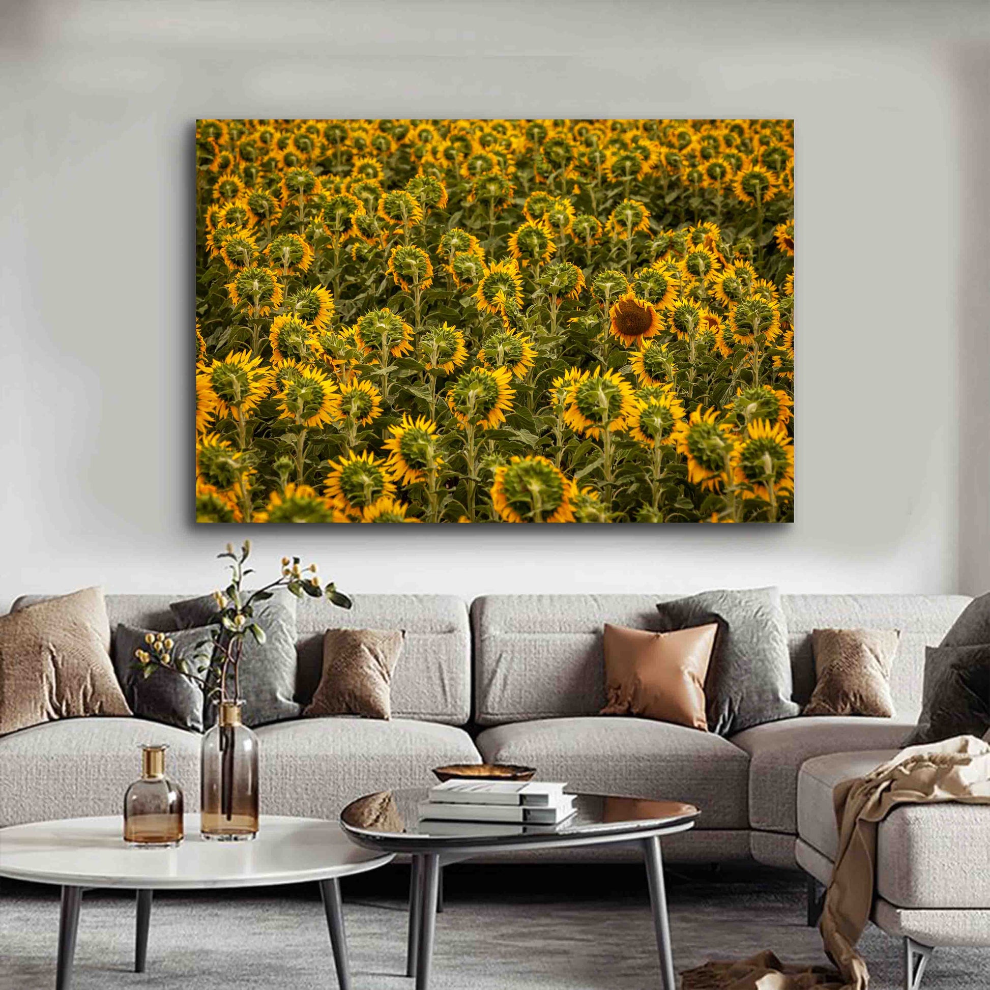 Floral fine art print of a solitary sunflower in a modern, nature-inspired living room.