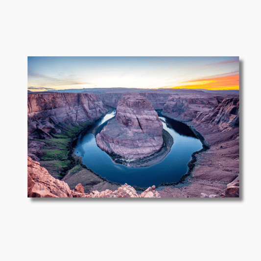 Fine art photography print capturing the vibrant sunset over Horseshoe Bend, with the Colorado River curving through the canyon.