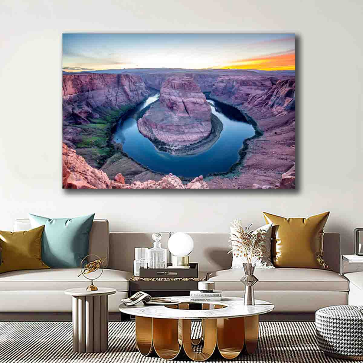 Limited edition fine art print of Horseshoe Bend at sunset displayed in a modern living room setting.