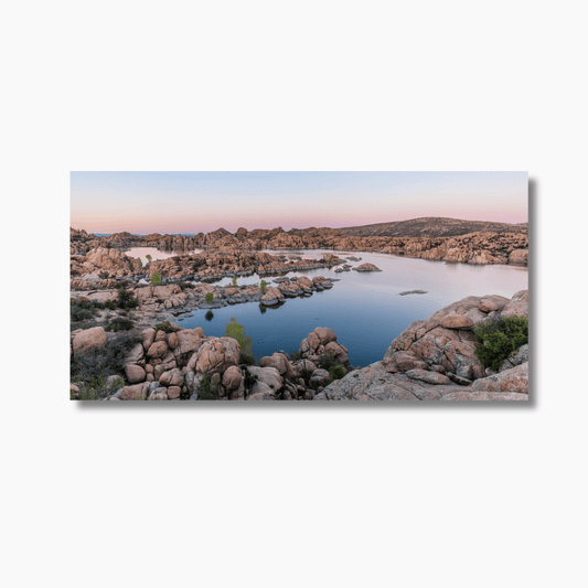 Sunset reflection over Watson Lake, Prescott Arizona, with granite boulders and calm mirrored water in a limited edition fine art print.