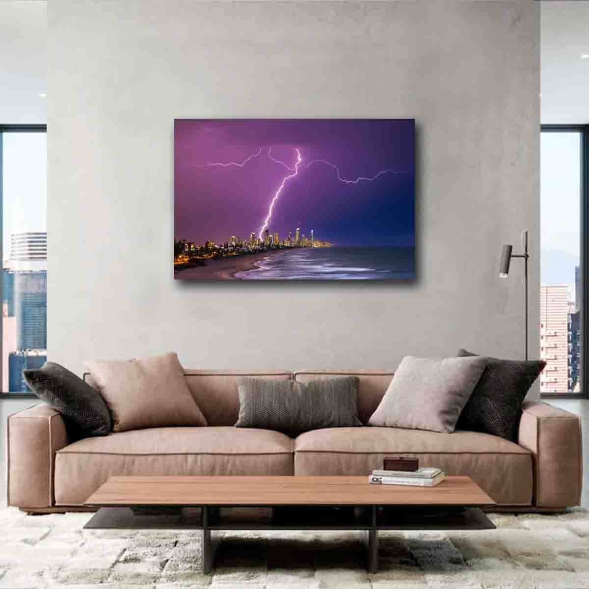 Cityscape wall art of Surfers Paradise skyline at night, displayed in a modern interior with coastal accents.