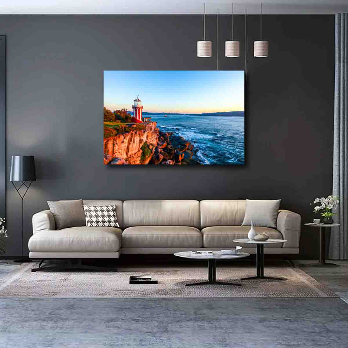 Harbour Sentinel lighthouse wall art from Watsons Bay, Sydney, displayed in a modern coastal interior with natural textures and soft lighting.