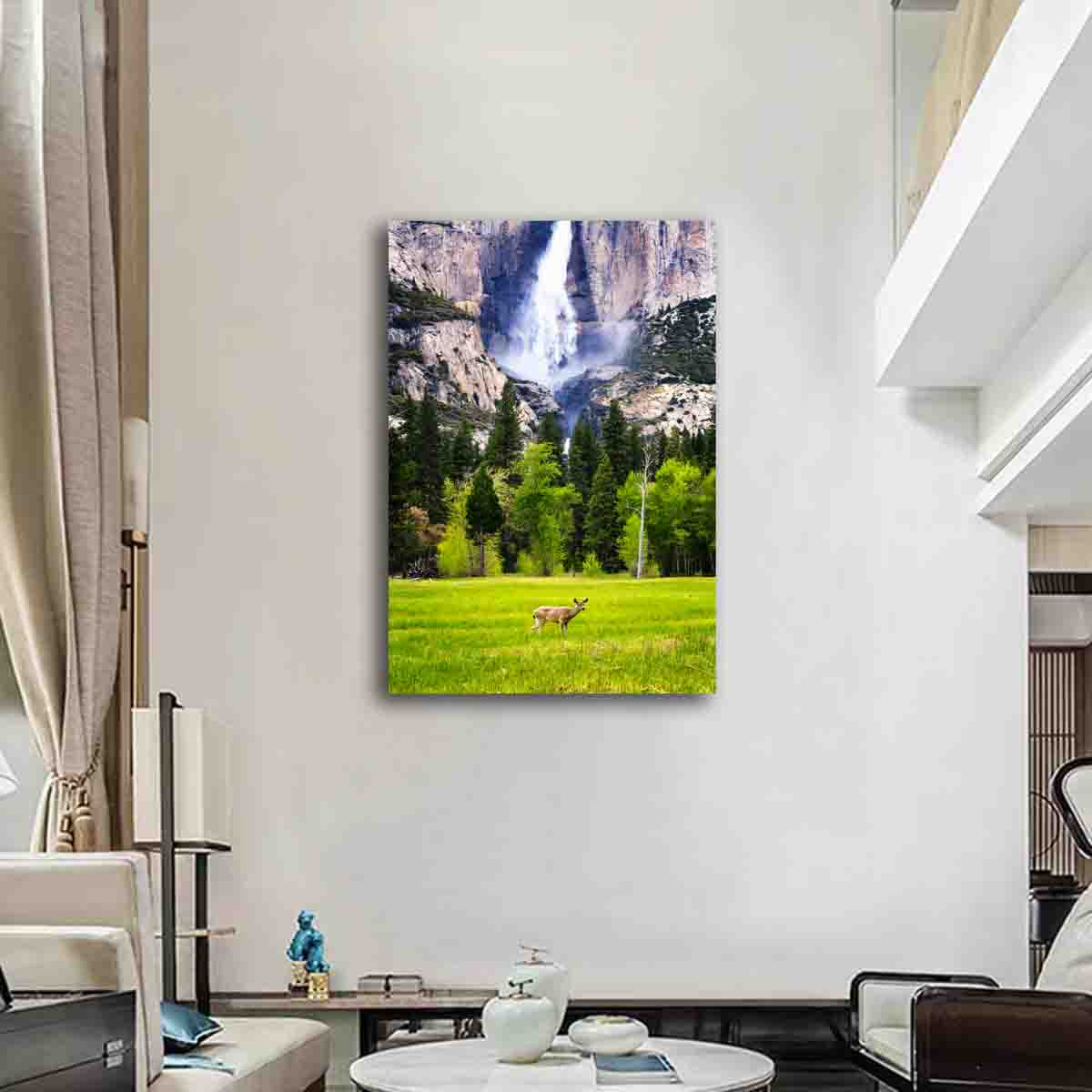 Wildlife fine art print of a deer at Yosemite Falls hanging in a modern rustic living room interior.