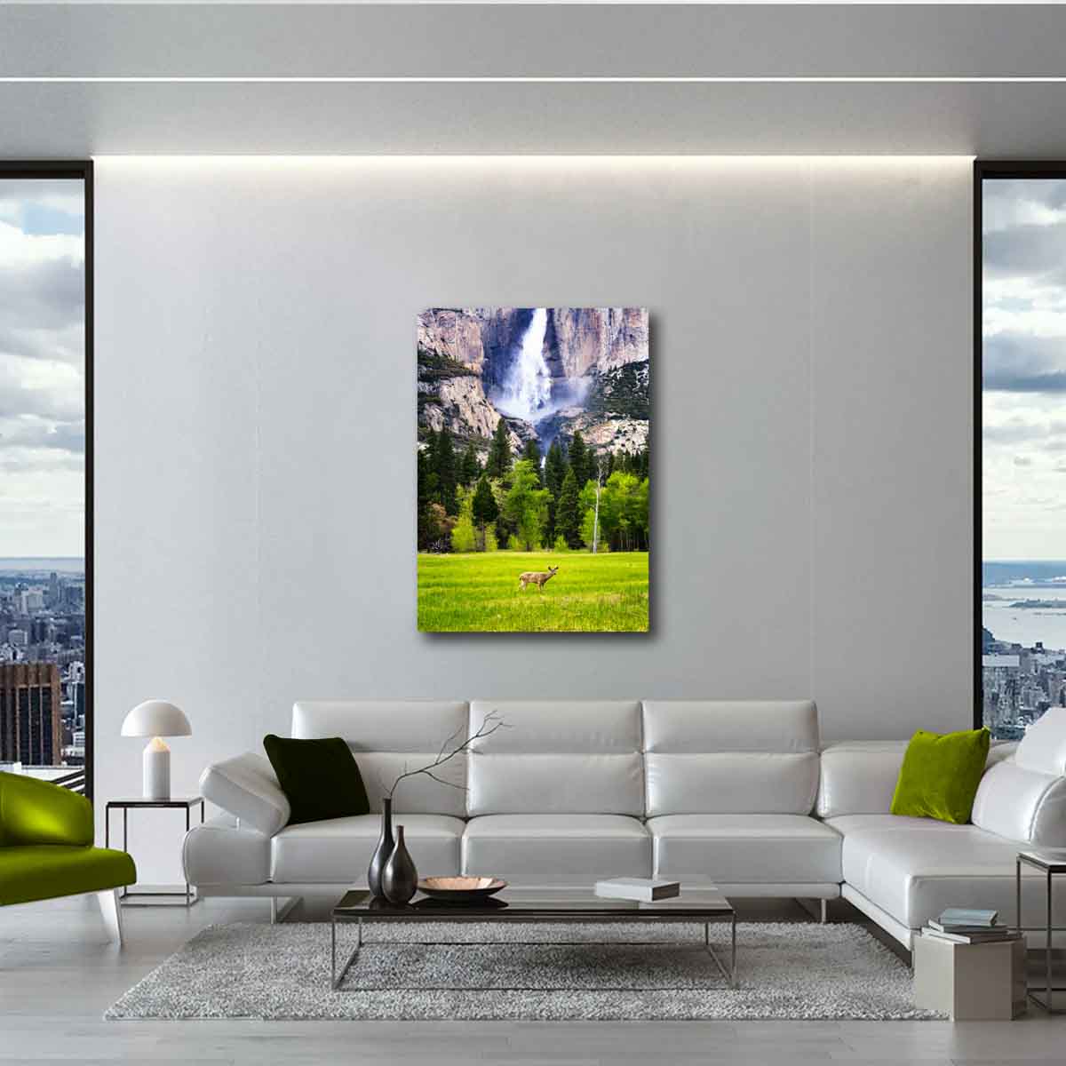 Wildlife fine art print of a deer at Yosemite Falls hanging in a modern rustic living room interior.