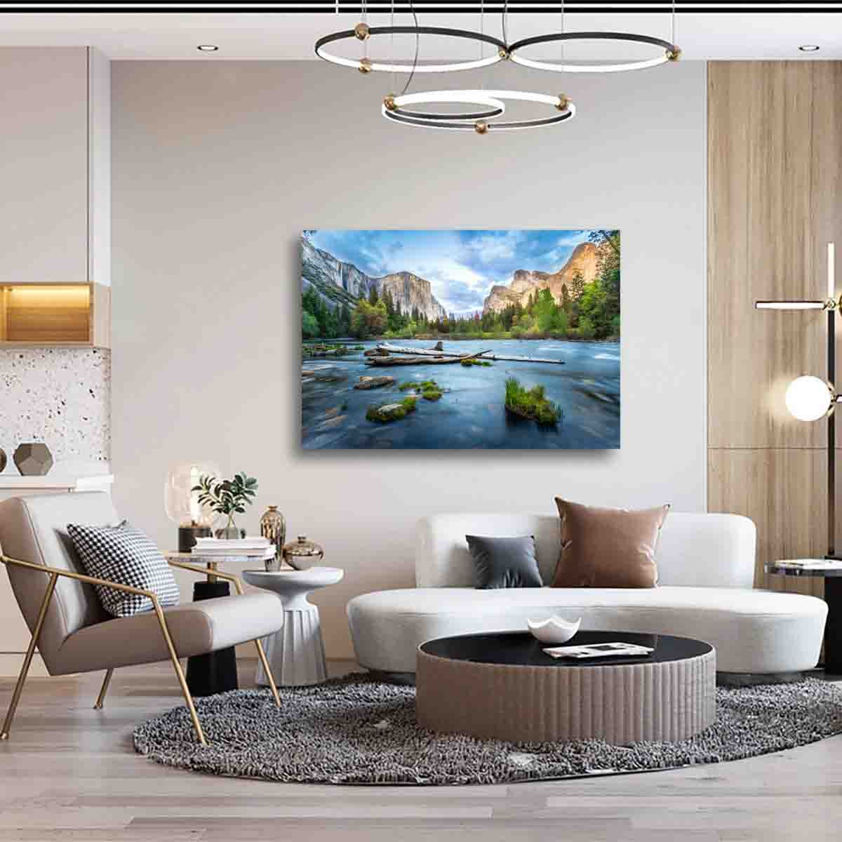 Fine art photography canvas wall art of Yosemite Falls at sunset, styled in a minimal living room.