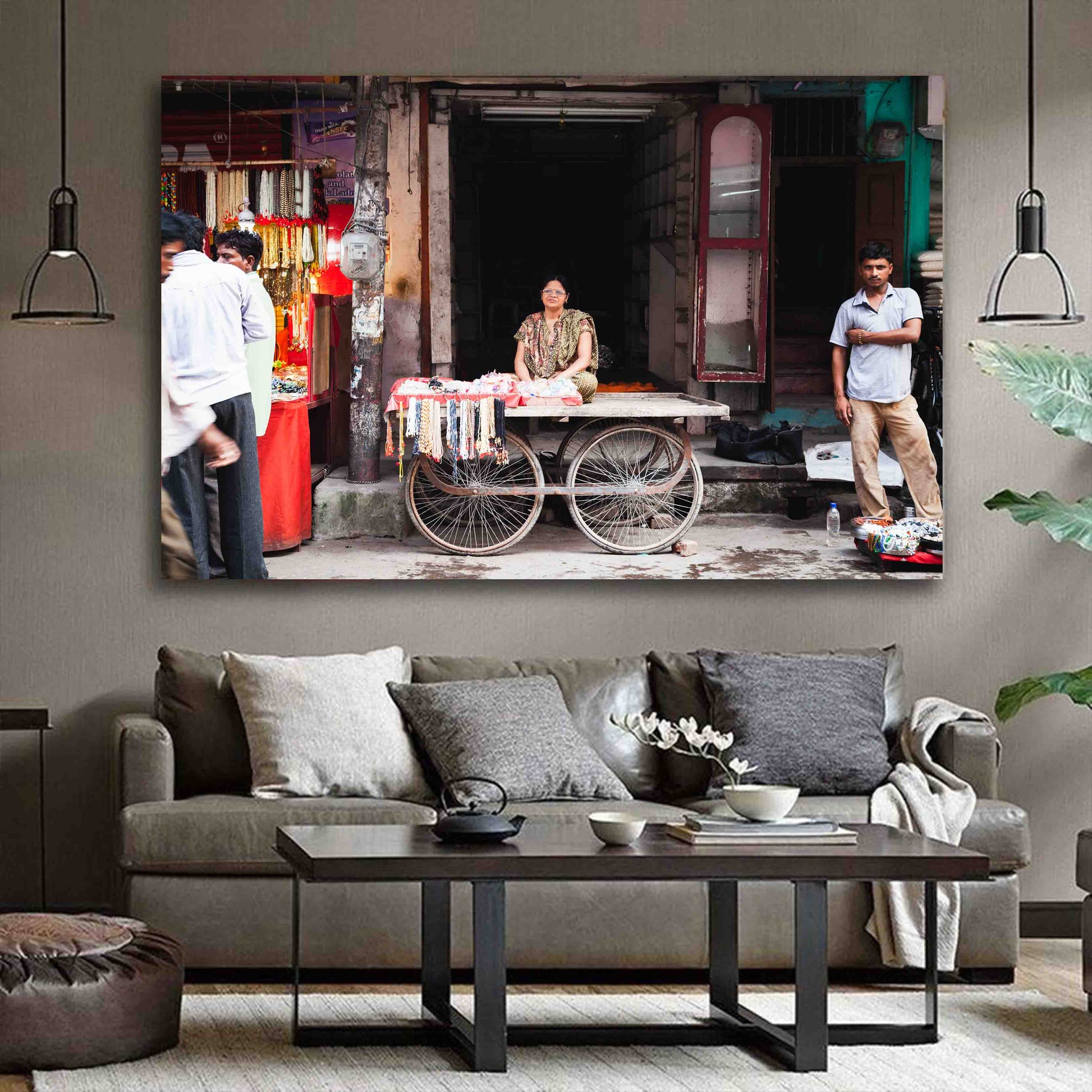 Fine art street photography print of Amritsar market scene, displayed in a modern home with global-inspired decor.