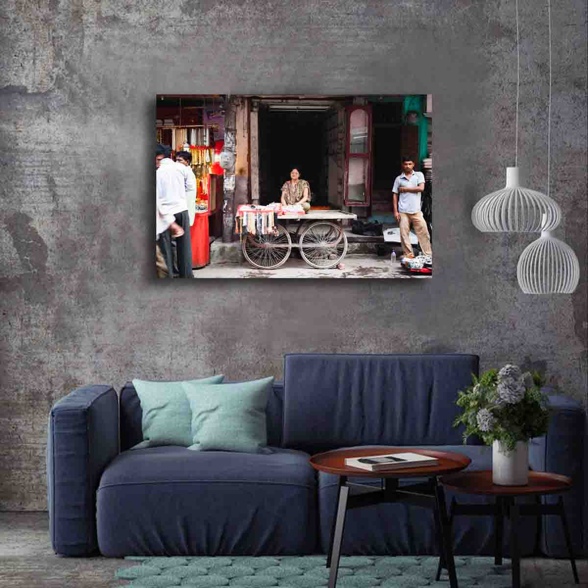 Fine art street photography print of Amritsar market scene, displayed in a modern home with global-inspired decor.