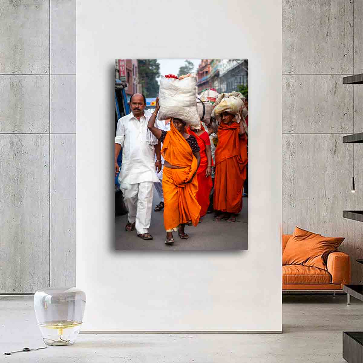 Burdens and Beliefs Indian cultural photography print displayed in a serene, globally styled interior space.