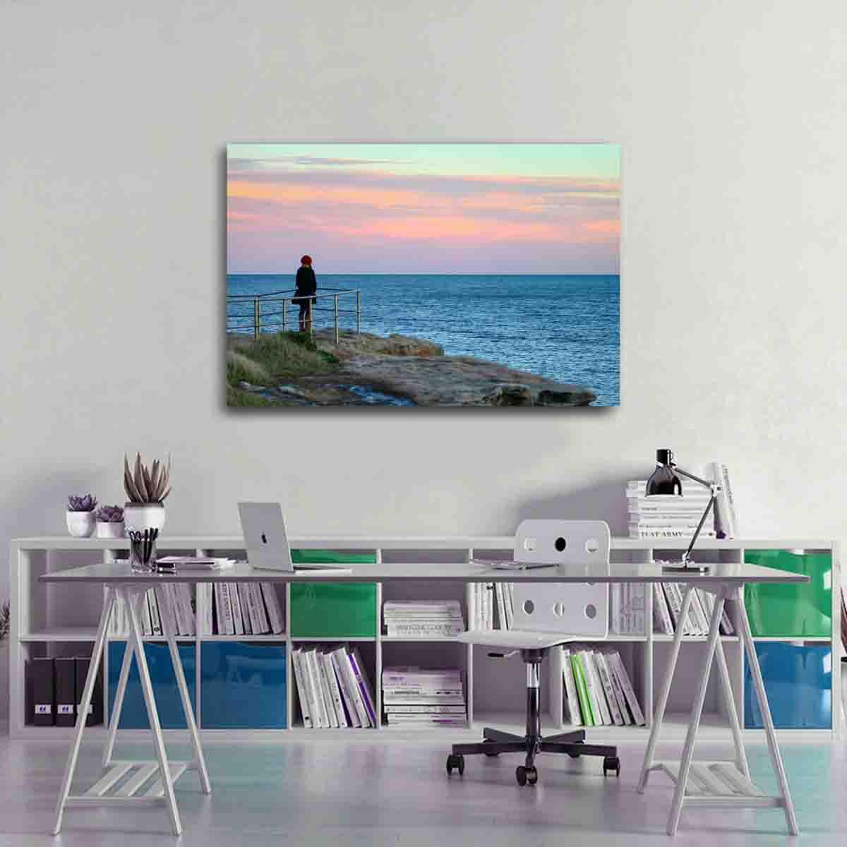 Bondi Beach ocean photography print with girl at lookout, displayed in a minimalist coastal interior.