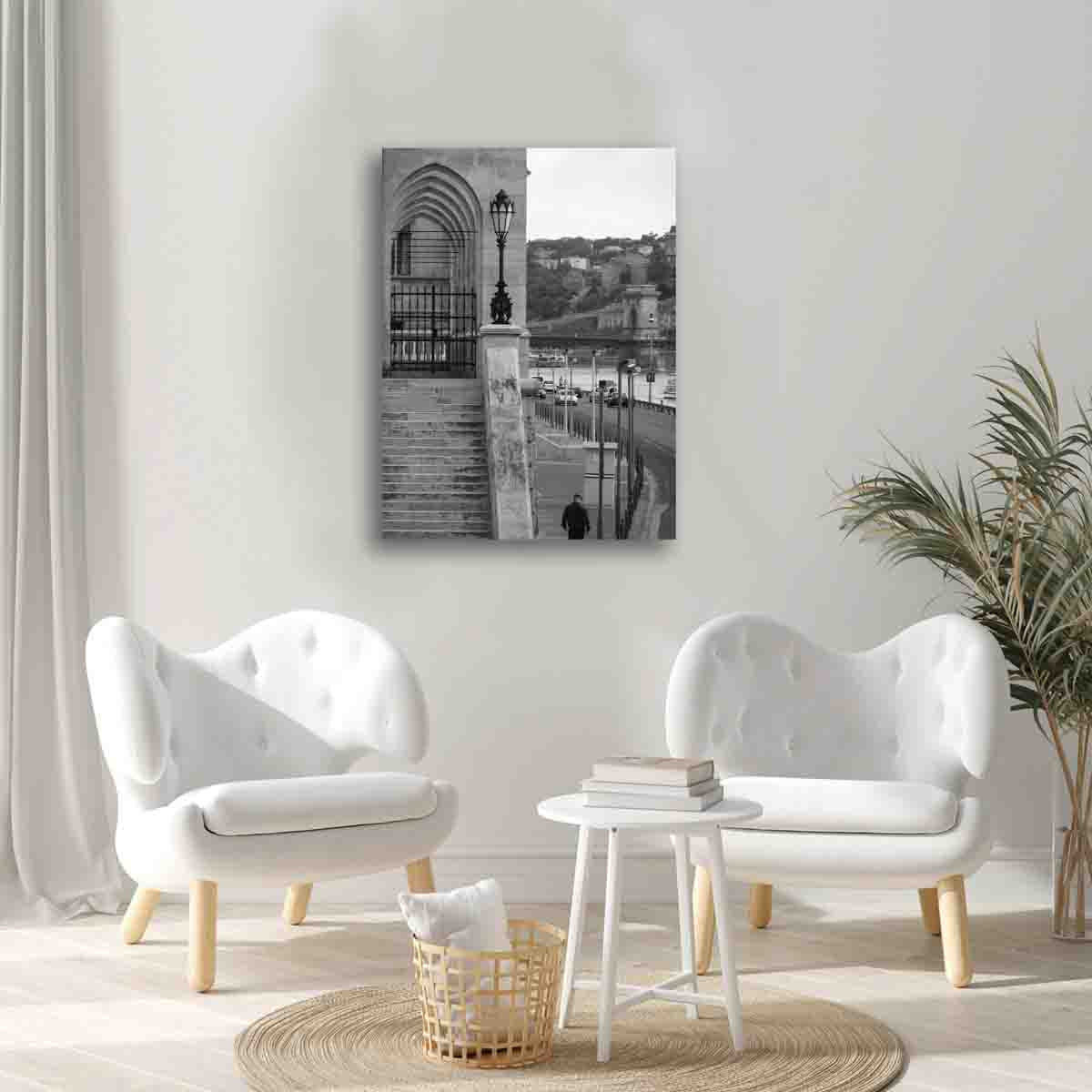 Budapest Danube river and old buildings cityscape print displayed in a classic, timeless interior.