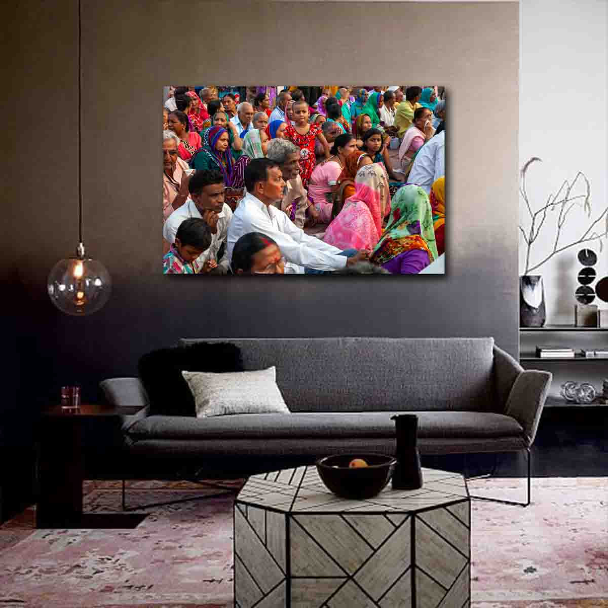 Indian cultural photography print of a girl at a religious ceremony in Haridwar, displayed in a peaceful, globally inspired interior space.