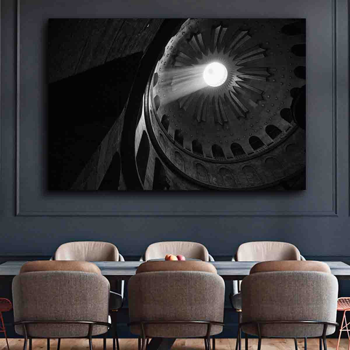 Hagia Sophia dome light beam photography print displayed in an elegant, contemplative interior.