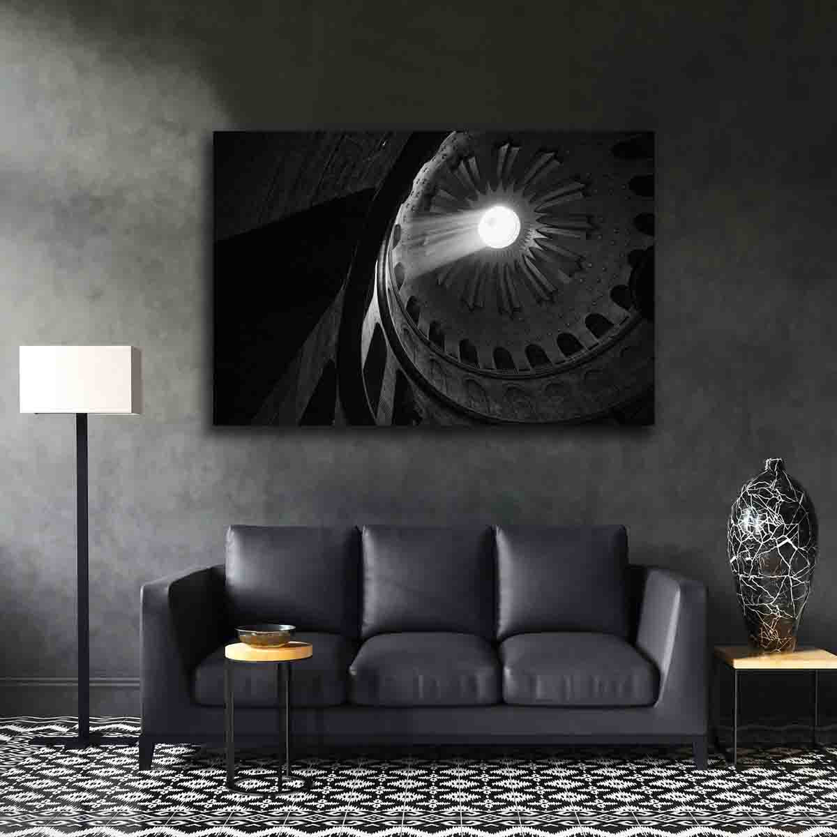 Hagia Sophia dome light beam photography print displayed in an elegant, contemplative interior.