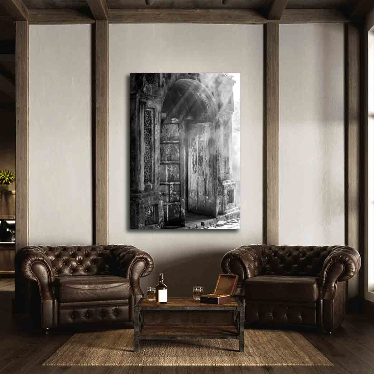 Hoi An doorway and light beam photography print displayed in a calm, minimalist interior.