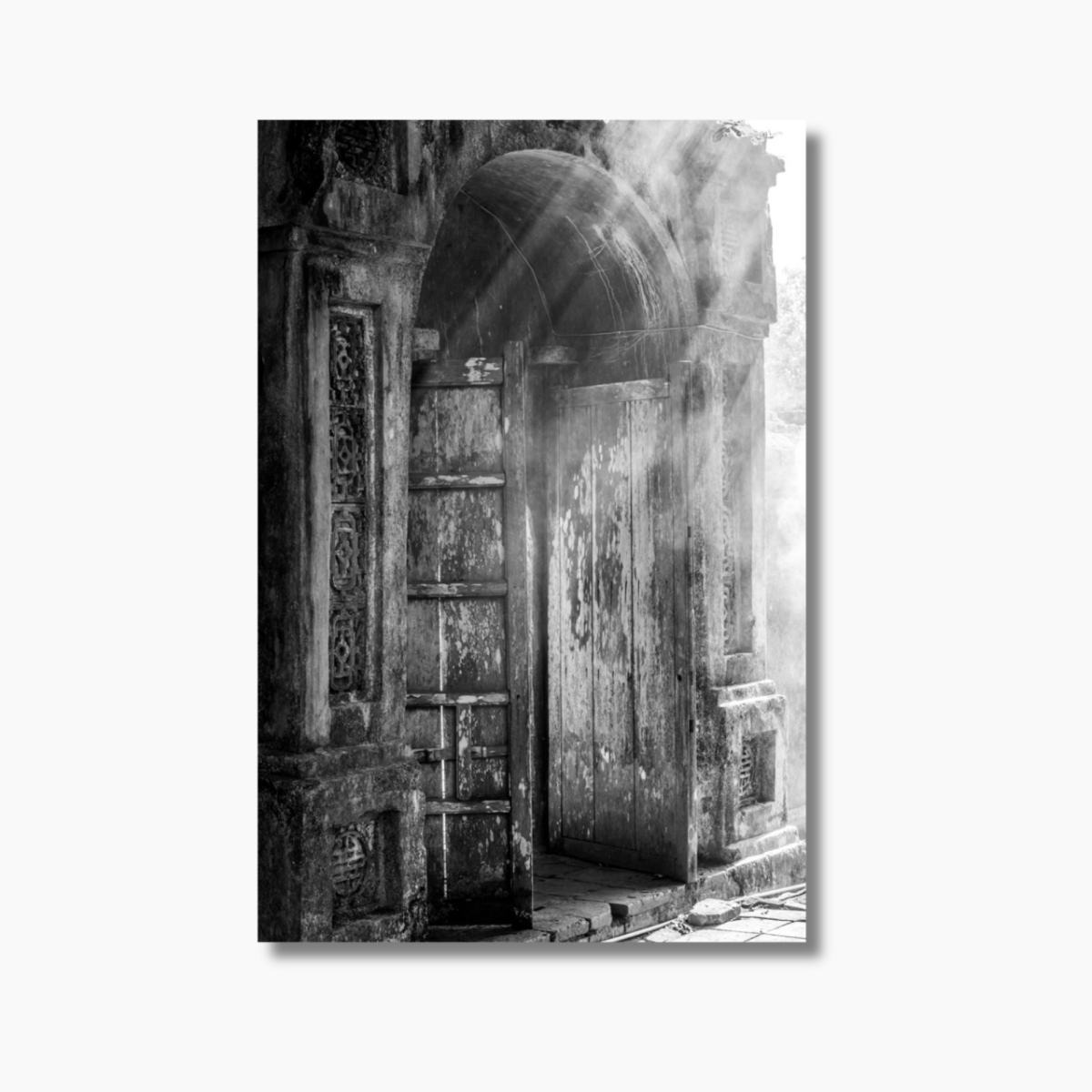 Old wooden door in Hoi An, Vietnam illuminated by a beam of morning light — limited edition architectural fine art print.