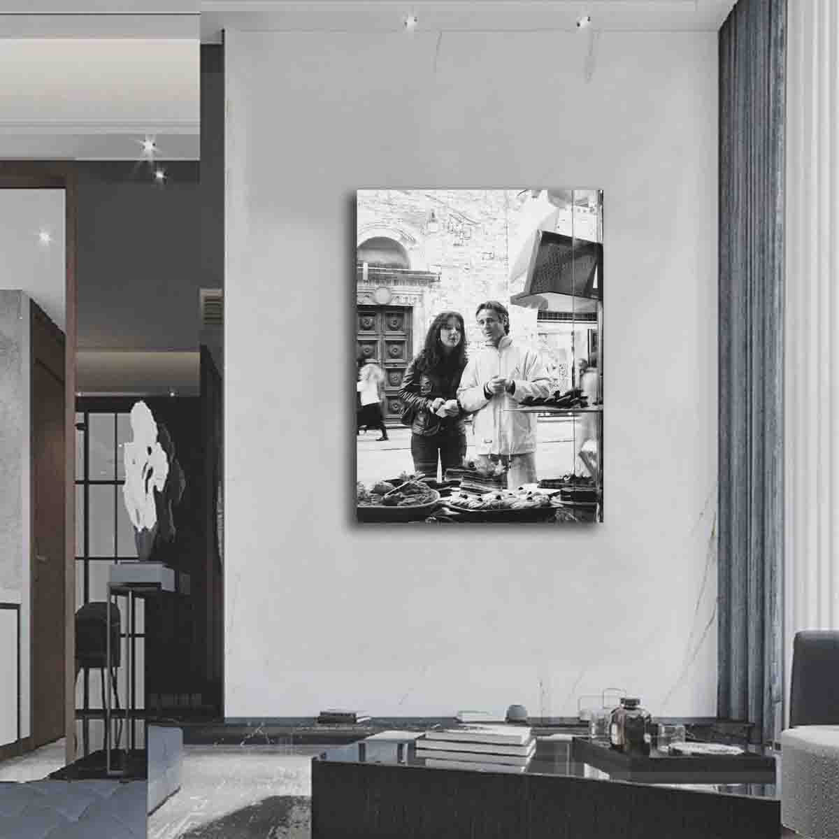 Italy street market photography print displayed in a rustic interior with European charm.