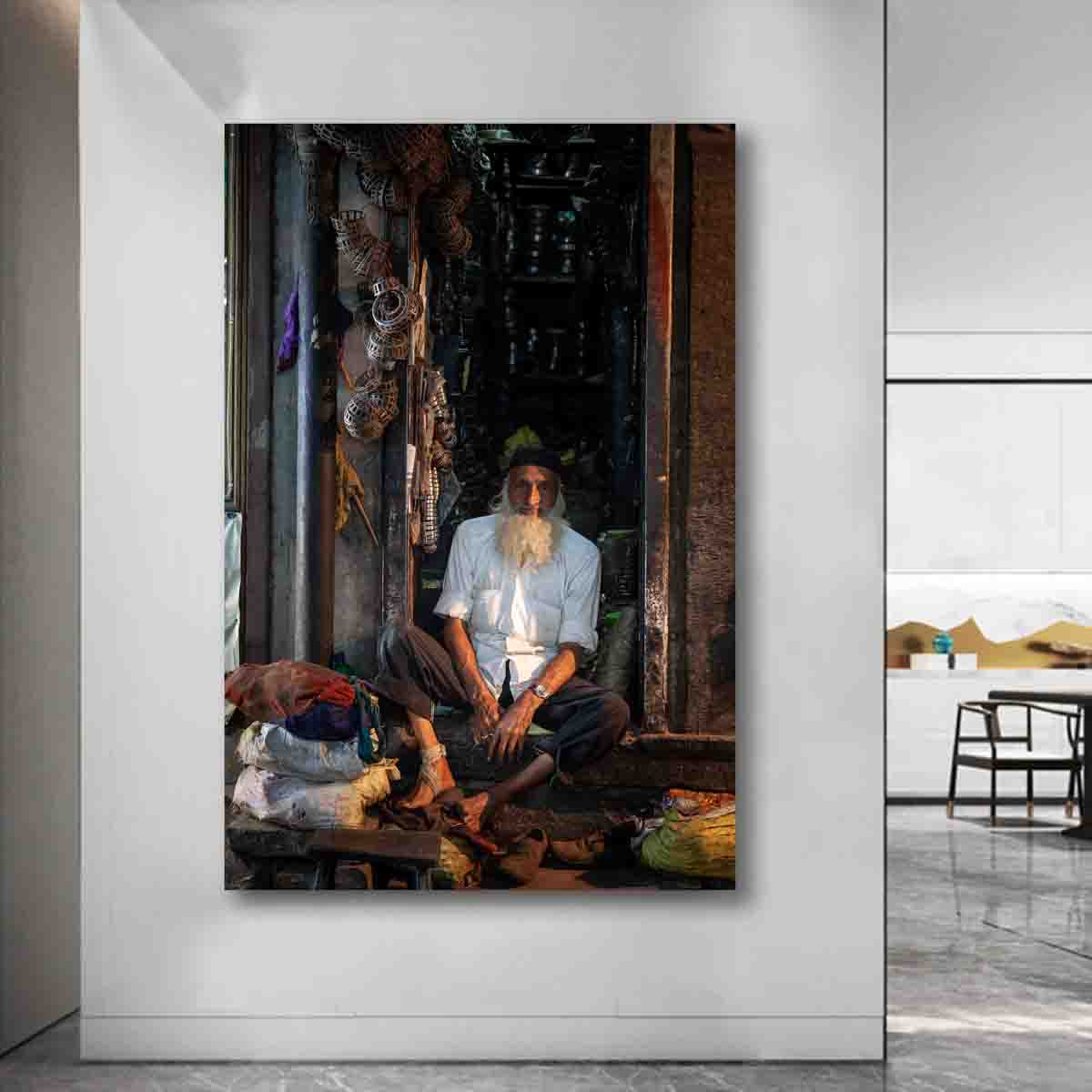 Silent Stories Indian street portrait displayed in a neutral-toned room with cultural and minimalist interior styling.