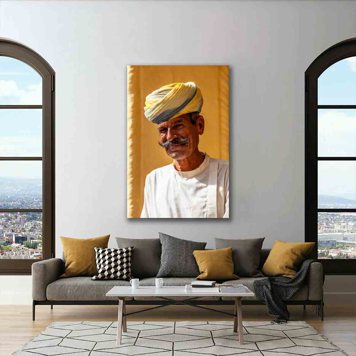 Indian portrait print titled Wisdom Woven in Colour, displayed as limited edition wall art in a warm, modern interior.