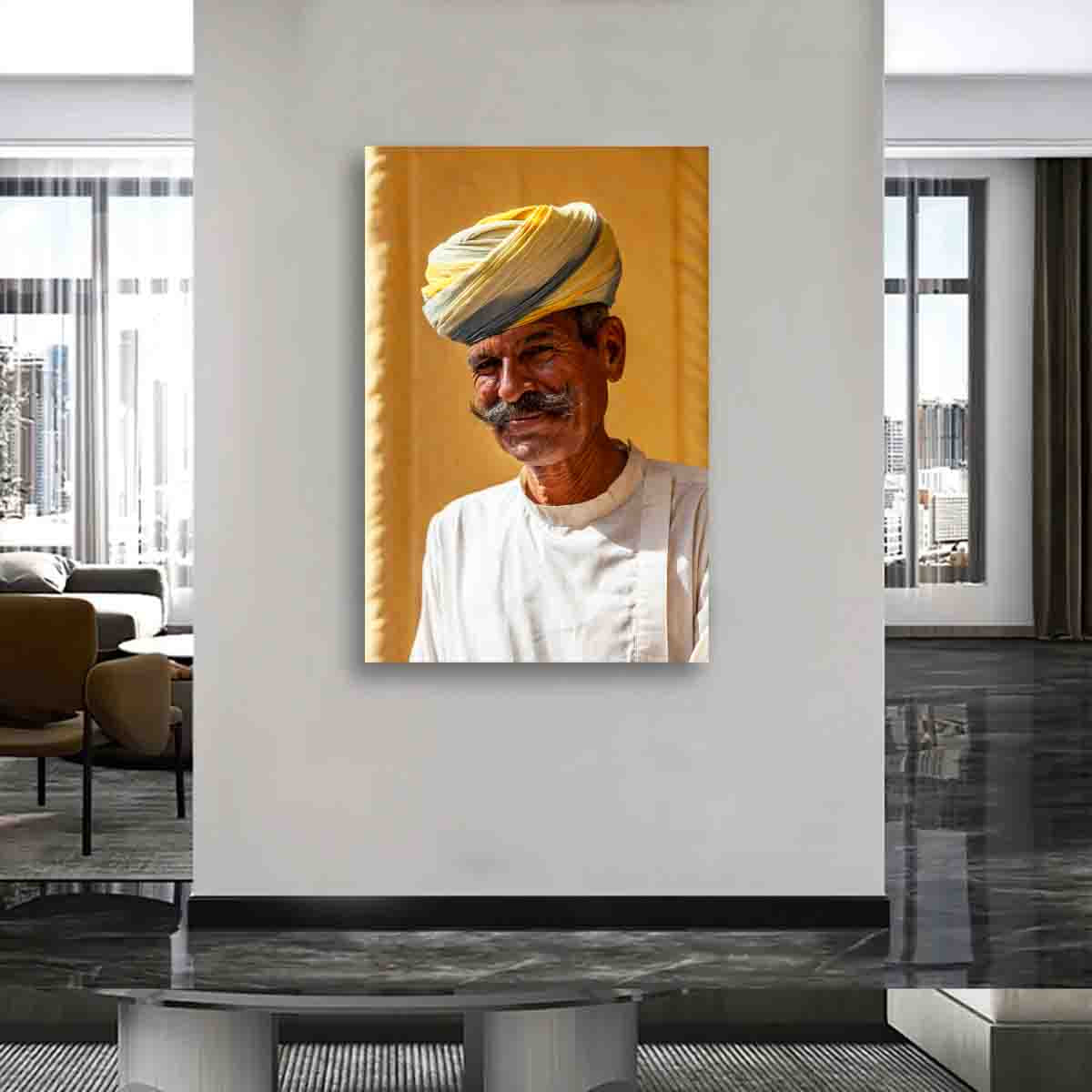 Indian portrait print titled Wisdom Woven in Colour, displayed as limited edition wall art in a warm, modern interior.