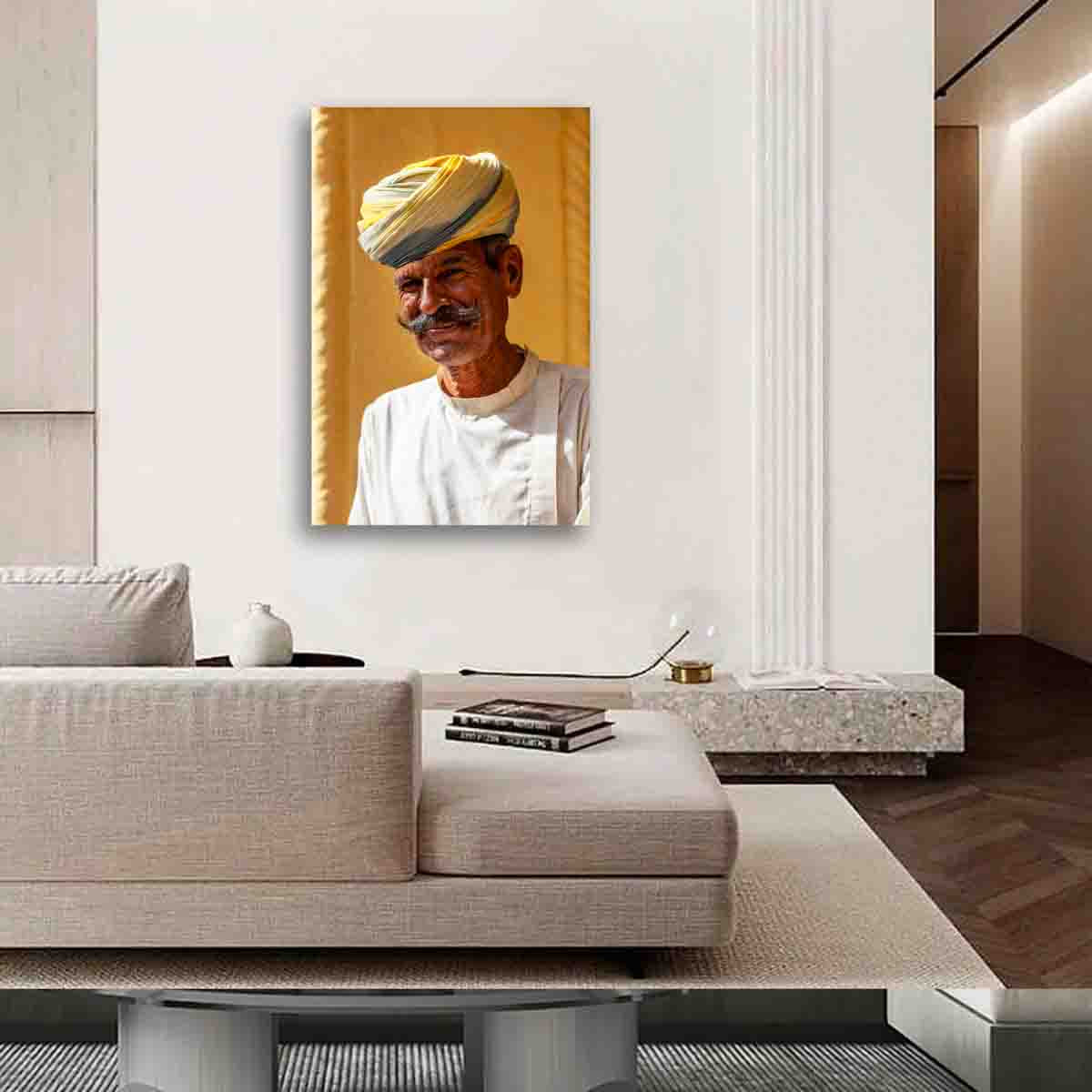 Indian portrait print titled Wisdom Woven in Colour, displayed as limited edition wall art in a warm, modern interior.