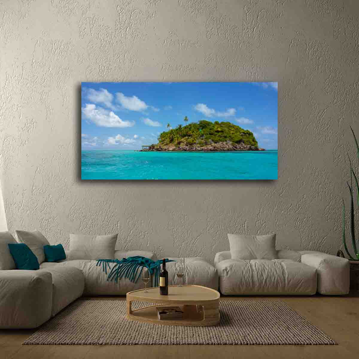 Tropical coastal ocean print displayed in a modern beach-inspired room with warm natural tones and minimalist decor.