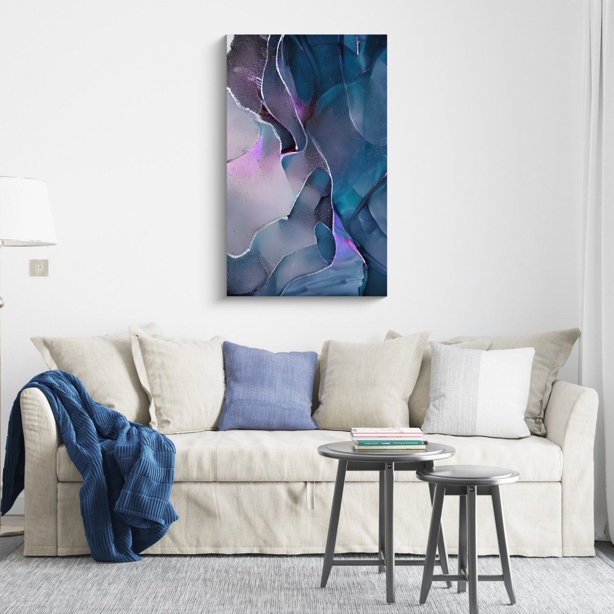 Purple and green abstract wall art print displayed in a modern interior with neutral decor and natural light.