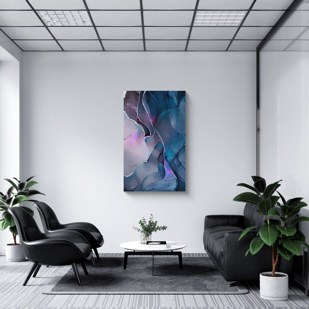 Purple and green abstract wall art print displayed in a modern interior with neutral decor and natural light.