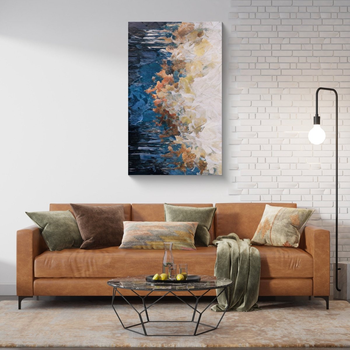 Limited edition abstract art print featuring soft blues and yellows, evoking the ocean's gentle rhythm.